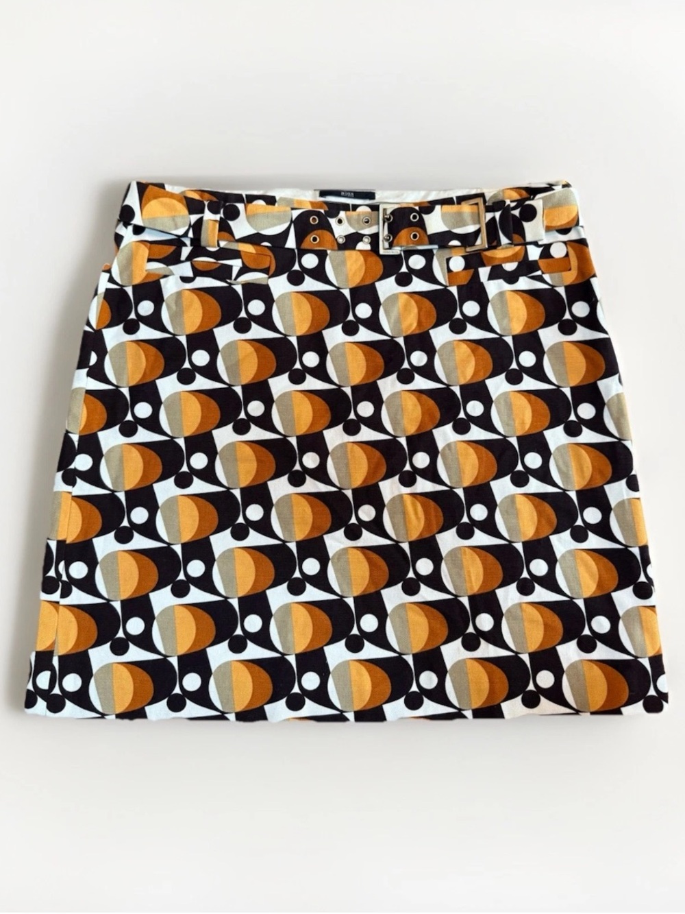 Hugo Boss Retro Geometric Mini Skirt with shades of Tan, Orange, Rust